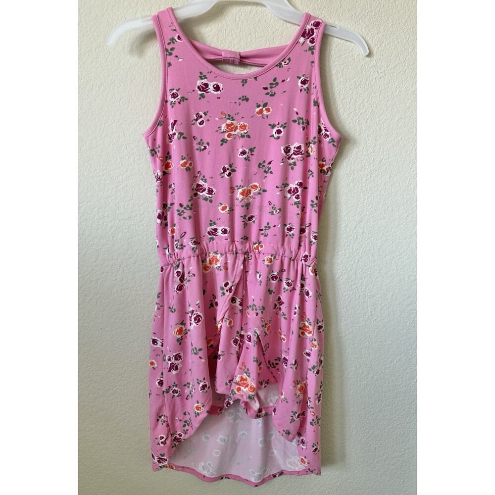 Poof Girl Pink Rose Floral Scoop Neck Sleeveless Fishtail Skirt Romper Size L 10